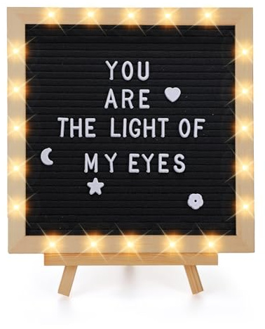 Changeable Felt Letter Board with LED Lights - 10×10 Message Custom Signs & Wood Stand & 450 Letters, Poster Board for Graduation/Baby/Pregnancy Announcement/Classroom Wall Decor Gifts, Black
