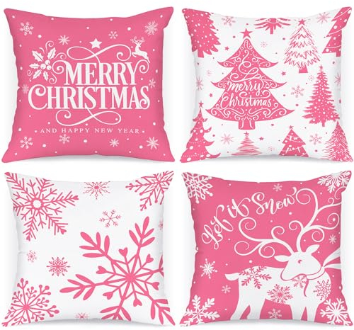 Lanpn Lot de 4 Blanc et Rose Housse de Coussin Noel 45x45 cm, Taie d'oreiller Hiver Flocon de Neige Parure de Oreiller de Décoration de Lit Noel Deco pour Chambres Canapé Noël Decoration (Rose)