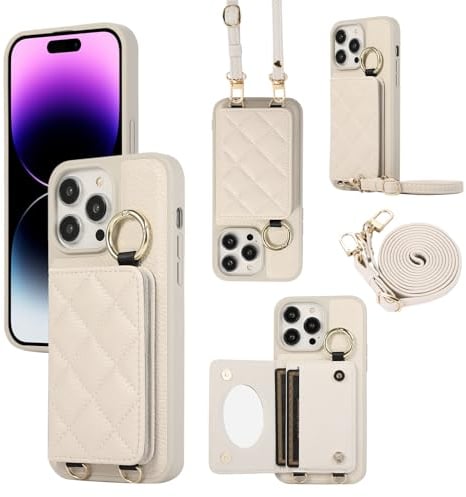 XMTON iPhone 15 Pro Case with Card Slots & Ring Kickstand iPhone 15 Pro Wallet Case Slim thin Leather Crossbody Cover for Women, White
