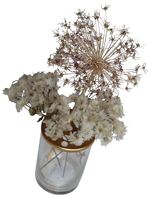 Jarrón con agujeros en la tapa, flores secas, jarrón de cristal, tapa perforada, floristería, flores, arreglo, oro, colores