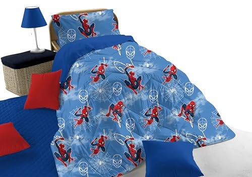 Spiderman Winter-Steppdecke für Einzelbett, Blau, aus Baumwolle, Marvel, 170 x 260 cm, Bett für Kinderzimmer