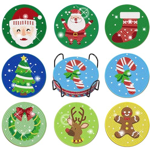 Bellatoi 8 Stück Diamond Painting Untersetzer Weihnachten, Diamant Malerei Untersetzer mit Halter, 5D Diamant Painting Untersetzer für Tassen, Weingläser, Vasen und Heimküche