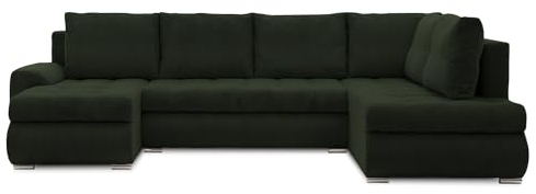 Mebligo - Ecksofa mit Schlaffunktion und Bettkasten Tokio II PRO, 300 cm Breit, Wohnzimmer Eckcouch Ottomane Rechts, Sofa Cord mit Bettfunktion - Sofa Dunkelgrün (Poso 014)