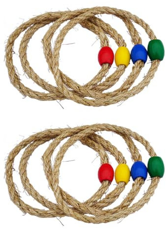 8Pcs Hemp Rope Ring Toss Game Colorful Outdoor Ring Toss Game Natural Rope and Wooden Beads for Kids Fun Parent-Child Activity