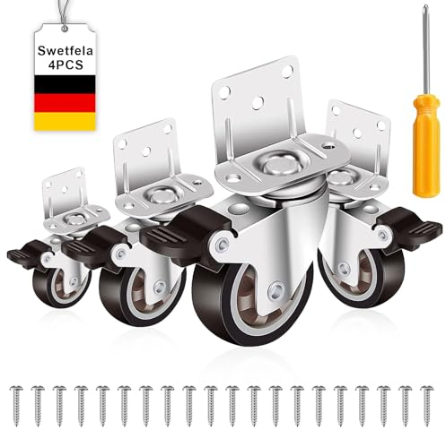 Swetfela Möbelrollen mit Bremse, 4er-Set 50mm Schwerlastrollen, Lautlose Rollen für Möbel, Rollen Schwerlast, L-förmige Groß Industrierollen mit Platte, Lenkrollen mit Bremse Möbelrollen Klein