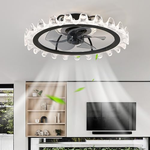 Caufloce Reversible Ventilador De Techo Con Luz Cristal Regulable Lampara De Techo Con Ventilador Moderno 6 Velocidades Lámpara Ventilador Techo Para Salón Dormitorio Habitación Infantil-Black