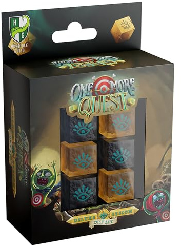 One More Quest - Deluxe Eyecon Würfel | Comedy Dungeon Crawling RPG-Zubehör, schwarz-goldenes Marmor-Finish, mit offiziellem Eyecon-Symbol für Kernregeln