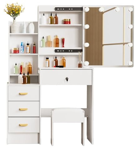 Caulitar Compact Vanity Set with Stool, Bedroom Desk and Chair Vanity Table Set, Dressing Table with Lighted Mirror, White