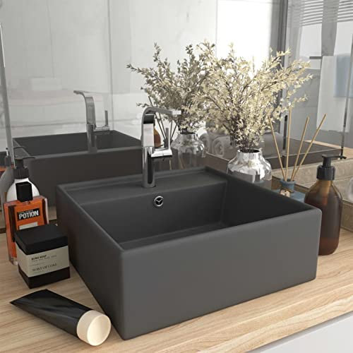 LAPOOH Bacino di lusso con troppopieno quadrato opaco grigio scuro 41 x 41 cm in ceramica, hardware, idraulici, impianti idraulici, lavandini, lavabi da bagno-146950