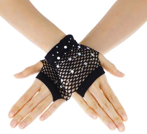 Lusofie Netzhandschuhe mit Strasssteinen Damen 90er Kurze Nylon 80er Jahre Partyzubehör Netz Fingerlose Fischnetz Handschuhe für Cosplay Halloween Netz Stulpen Pinke Neon Party Accessoires