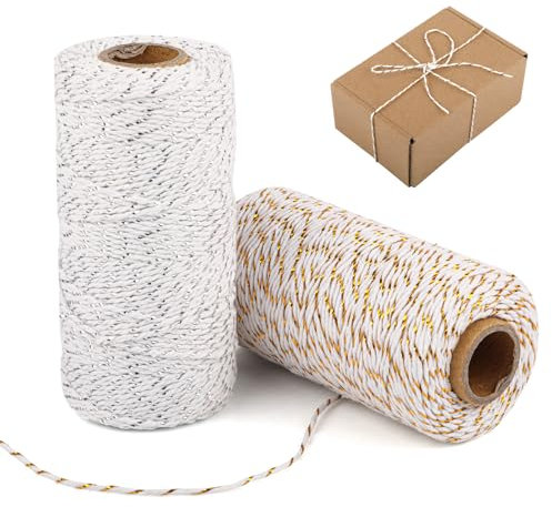 Christmas String, 200m White Cotton Twine with Gold Silver String, Glitter Butchers Strings Twine, Bakers Twines for Gift Wrapping, DIY Crafts, Cooking, Baking, Gardening