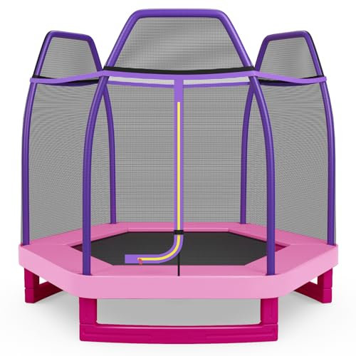 LIFEZEAL Trampolin für Kinder ab 3 Jahren, Ø 223 x 186 cm, Kindertrampolin für Innen & Außen, Gartentrampolin mit Sicherheitsnetz, Max. 100 kg (Rosa)