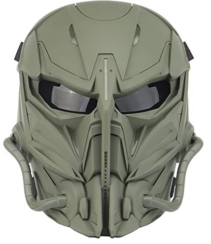 Taktische Airsoft Maske, Grau Lens Full Face Skull Paintball Schutzmaske für Cs Wargame Halloween Cosplay Kostüm Party (OD)