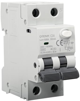 Disjoncteurs électriques, Disjoncteur différentiel Fi 16A 30MA 1P+N Fi Interrupteur GYR9NM RCBO 6KA MCB Disjoncteur avec protection contre les courants de fuite, surcharge et protection contre les
