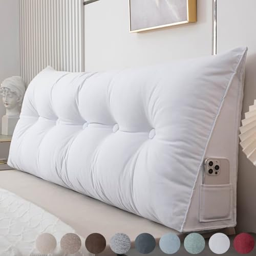 Rückenkissen Bett 120cm Weiß, Leinen Rückenlehne Kissen, Keilkissen Bett kopfteil, Waschbar Abnehmbar Lesekissen für Bett und Sofa, Rückenstützkissen Lendenkissen mit Seitentasche