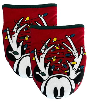 Mickey Happy Ho Ho Holiday Lot de 2 mini gants de cuisine résistants à la chaleur avec isolation, parfaits pour manipuler des ustensiles de cuisine chauds, prise en main antidérapante (lumières de