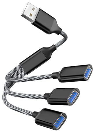 Powice USB-A Splitter 1-auf-3 – USB 2.0 Adapter zur Datenübertragung & Port-Erweiterung, Doppel-Stecker für PC/Laptop, ideal für Maus, Tastatur, USB-Sticks & mehr – Schwarz
