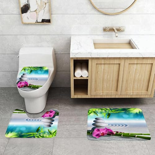 EMCLKS Badezimmermatten 3 Stück rutschfeste Badematte Teppiche, Badezimmer-Garnitur,U-förmiger Teppich,Spa, Sand Orchidee und Massagesteine im Zen-Garten, sonniger Tag, Bild von,Waschbar Matte