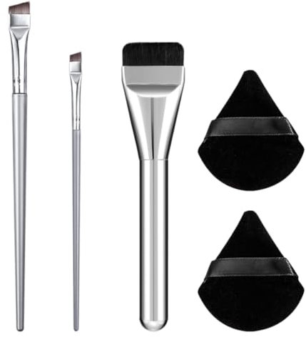 Lot de 3 Pinceaux Ultra Fins pour Fond de Teint, Pinceau de Fond de Teint pour Maquillage Liquide, Pinceaux de Maquillage à Bout Plat, avec 2 Houppettes à Poudre