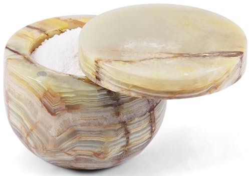Earthen Crafts Marble Green Onyx Salt Cellar with Swivel Lid – 3 Salt Keeper for Countertop – Kosher Salt and Seasoning Storage Container for Kitchen or Bath