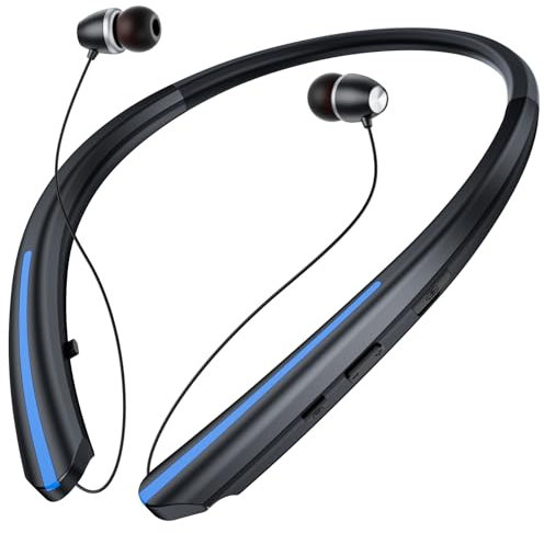 ZIQOPGD Auriculares retráctiles Bluetooth con banda para el cuello, IPX5, auriculares inalámbricos a prueba de sudor con auriculares ajustables, tiempo de reproducción de 18 horas, micrófono, alertas