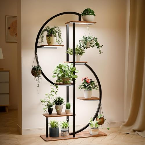APAKA Pflanzenregal für den Innenbereich mit Wachstumslicht, 7 Ebenen Blumenregal 155 CM Metall Holz Pflanzenständer, Eckpflanzenständer für Zimmerpflanzen, Innen & Außen Blumentreppe