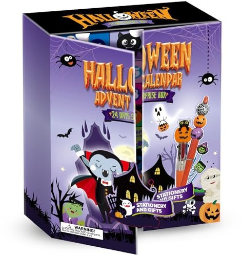 Adventskalender 2025 Halloween 24 Überraschungen - Enthält Radierbaren Gelstiften Set, 2-in-1 Silikon Federmäppchen, strapazierfähig, 35.5 x 8 x 45.5 cm, Horn Retro Bell 5 Farben