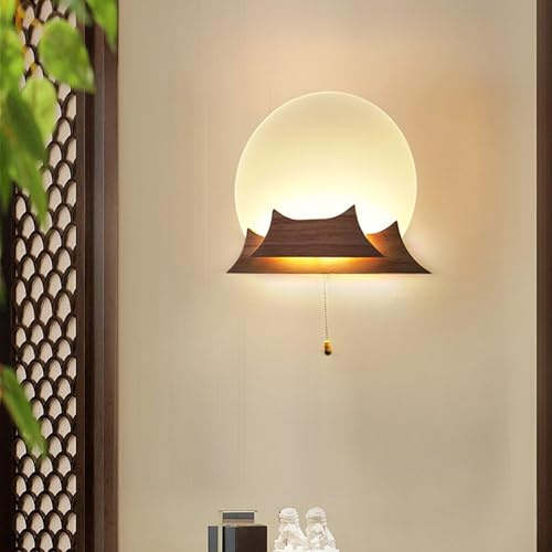 TZSMUM LED Holz Wandlampe Innen Dekorative Wandbeleuchtung mit Zugschalter Wandleuchte Modern Design Wandleuchten Rund Acryl für Schlafzimmer Wohnzimmer Treppenhaus (Hellholzfarbe,Warmes Licht)