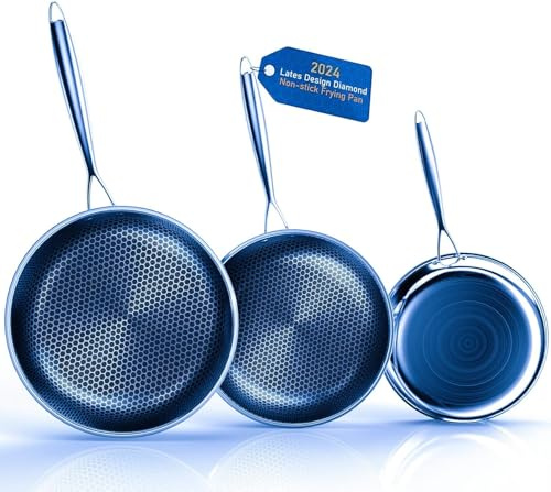Hybrid Nonstick Frying Pans Set, 8+10+12 Frying Pan Skillet 3-Pieces Set, Stay-Cool Handle, PFAS-Free, Dishwasher and Oven-Safe, Suitable for All Types of Cookers, Including Induction (OP4)