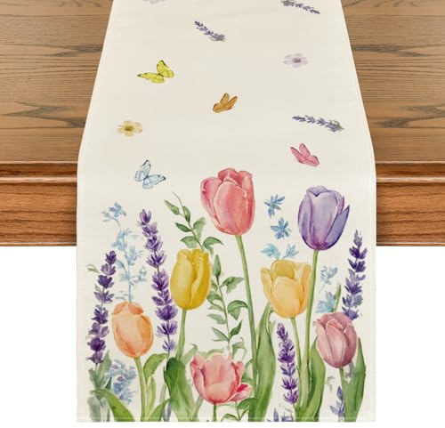 Artoid Mode Tulpen Lavendel Schmetterling Frühling Tischläufer, Saisonnal Küche Tisch Dekoration Drinnen Urlaub Party Dekor 40x180 cm