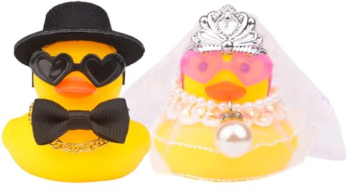Mwmoeen 2 Stück Braut und Bräutigam Gummi Enten für Hochzeitsgünsten, Party-Gunsten, Hochzeitsdekoration, Hochzeit Segen Kuchen Jubiläumsgeschenk mit weißem Schleier