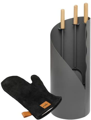 raik Kaminbesteck Set Otto 3-teilig inkl. Rindsleder Ofenhandschuh schwarz Kamingarnitur Stahl grau mit Holzgriffen für Reinigung und Bedienung von Kaminen Öfen Feuerstellen Holzöfen