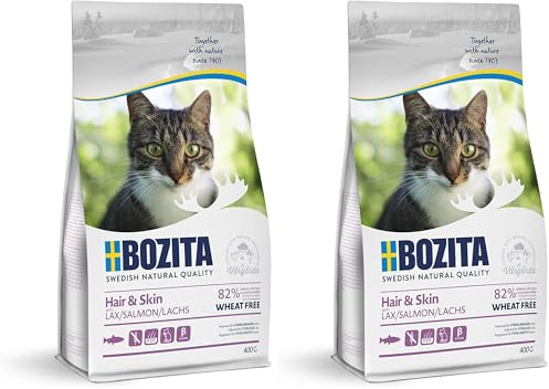 Bozita Hair & Skin Katzentrockenfutter mit Lachs – 400g – weizenfreies Trockenfutter für Sensible Erwachsene Katzen – 34 % Protein, 10 % Fett – für Haut & Fell – ohne Zucker & Gentechnik