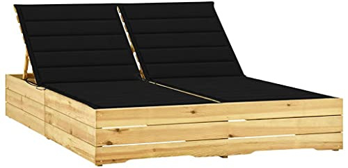 Owoxanthellate Doppel-Sonnenliege Kiefer imprägniert 198 x 135 cm verstellbare Holz-Liege mit schwarzen Polstern wetterfest für Garten Balkon Terrasse