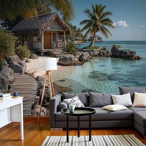 Fotomurale da Parete Sfondo Murale Vacanza Al Mare, Carta da Parati Fotografica Cabina Sulla Spiaggia 200Lx140A cm, Moderne Decorazione Soggiorno Camera de Letto Sala Ufficio