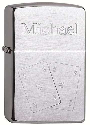 Sturm-Feuerzeug MIT DIAMANTGRAVUR - Kartenspiel & Wunschtext (z.B. Namen) - Benzinfeuerzeug PL 200 Chrome Brushed Feuerzeug mit Gravur