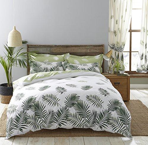 Modern Charlotte Thomas Reversible Fern Bedding Duvet Cover 2 Pillowcases Set, White/Green - Double Size