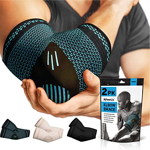 POWERLIX Ellenbogenbandage 2 Stücke, Kompression Ellenbogen Bandage für Damen & Herren, Ellbogen Bandage für Tennisarm, Golferarm, Sport, Arthritis, Sehnenentzündung, Gelenkschmerzen, Blau, M