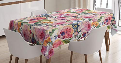 ABAKUHAUS Blumen Tischdecke, Shabby Pflanze Rose Blumen, Schmutzabweisent mit Modernster Druck Technologie Waschbar Klare Farben, 140 x 170 cm, Rosa Grün