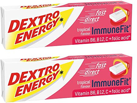 Dextro Energy Immunfit Sticks Tropical - 2x47g (2er Pack) - Lecker fruchtige Traubenzucker Tabletten mit 10 Vitaminen zur Unterstützung des Immunsystems