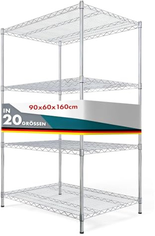 Floordirekt Gitterregal Himalaya | Metallregal | Tragkraft ca. 150 kg je Boden | Multifunktionales Ablagesystem | verchromt | In verschiedenen Größen erhaltlich (90 x 60 x 160 cm | 4 Böden)