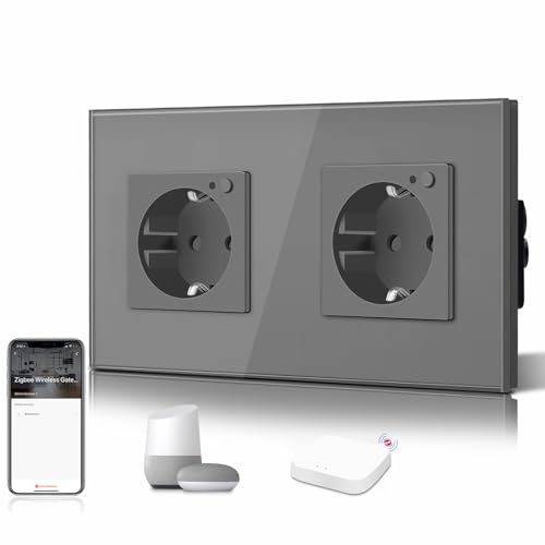 BSEED Schuko Smart Alexa ZigBee 2 Fach Steckdose 16A Glassteckdose, 1 Pack 1 Weg Grau 157mm Unterputz-Installation APP-Steuerung Arbeit mit Alexa/Google Home DIY Free Spin Nur 2.4 GHz