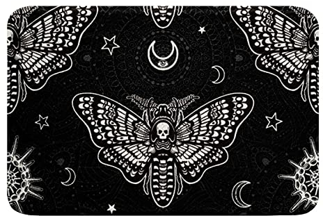 Sunnybed Gothic Badematte,Totenkopf Motte Badeteppiche Teens Skelett Knochen Boho Fußmatten Bohemian Mandala Schmetterling Bodenmatte Badezimmer Dekor Matte,Schwarz,16''X24'', Multi 11