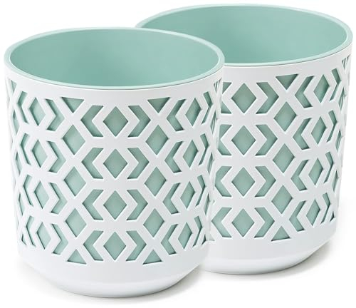 PECZEKO Matte Blumentöpfe - Deko Pflanztopf für Blumen & Kräuter - Langlebige & leichte runde Kunststoff-Pflanzentöpfe für Wohn- & Esszimmer, Küche, Terrasse, Balkon - 2er-Set - (Weiß/Mint, ø 14 cm)
