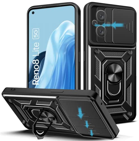 Loyhee Hülle für Oppo Reno 8 Lite 5G (6.43), Kameraschutz Handyhülle mit 360 Grad Ring Ständer Weich TPU Bumper Stoßfest + Hart PC Rückseite Kratzfest Tough Armor Schutzhülle - Schwarz