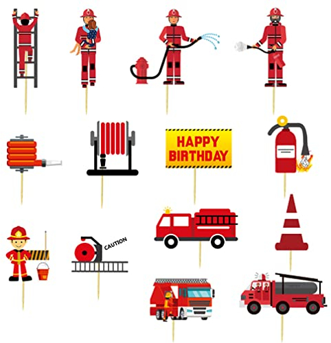 Houhounb 28Pcs Feuerwehr Geburtstag Kuchendekoration Happy Birthday Kuchen Tortendeko Feuerwehrmann Feuerwehrauto Feuerlöscher Cupcake Topper für Baby Kinder Geburtstag Party Dekoration