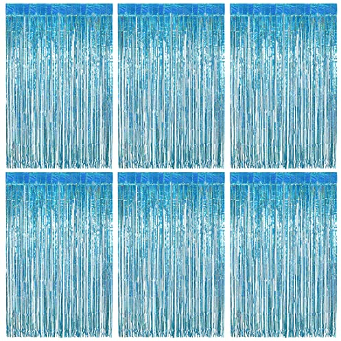O-Kinee Lametta Vorhänge Hellblau,6 Stück Glitzer Vorhang Party Deko, 1m x 2m Metallische Glitzervorhang Geburtstag,Tinsel Folie, Folienfransen Vorhang für Weihnachtsbaum Festivals Party Bühnendekor