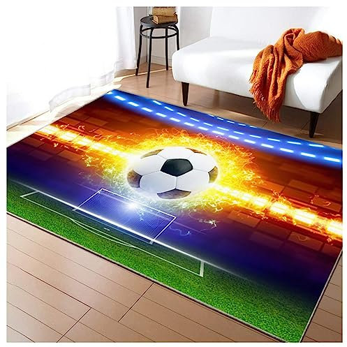 HAZARA Fußballplatz Spielteppich, Eisfeuer Fußball Bedruckt Großflächige Teppiche Sport rutschfest Spielteppich 3D Fußball Mit Flammen Bedruckten Teppichen Für Schlafzimmer(B,80x120cm/31x47in)