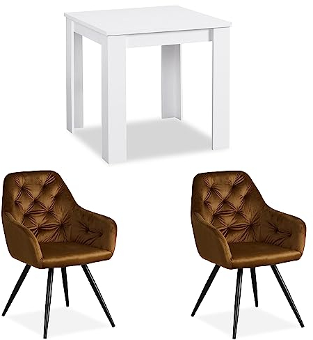 Homestyle4u 2375, Essgruppe mit 2 Stühlen Weiß Braun Samt, Küchentisch Esstisch 80x80 cm Holz Massiv