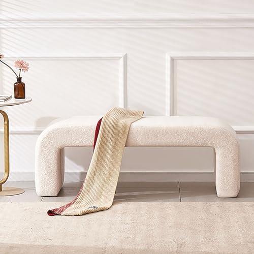NCLOYN Gepolstert Sitzbank mit Holzbeine U-förmige Schuhbank Moderne Polsterbank Fuzzy Sherpa Fußhocker für Eingangsbereich Wohnzimmer Schlafzimmer(80x40x43cm(31x16x17inch), White)
